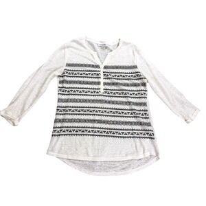 White & Black Tribal Print 100% Linen Long‎ Sleeve Henley Blouse